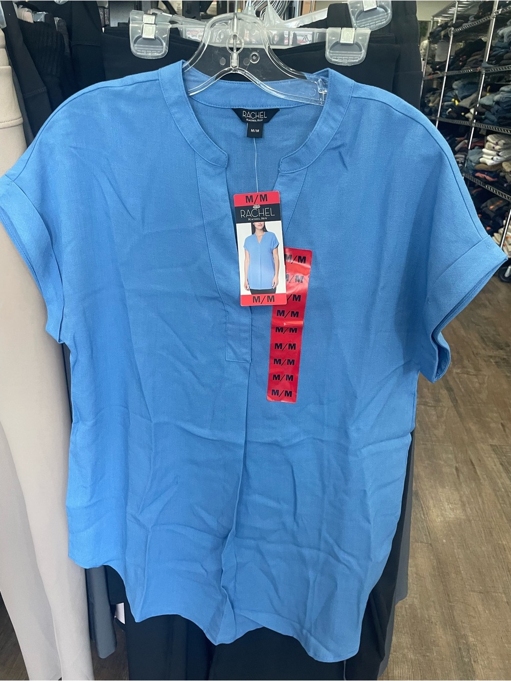 Rachel Blue Short Sleeve Split-Neck Top